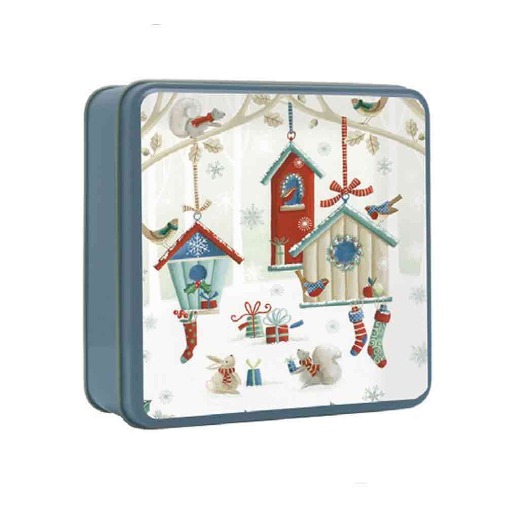 Grandma Wild's Embossed Winter Bird Houses with Stockings Tin 100g