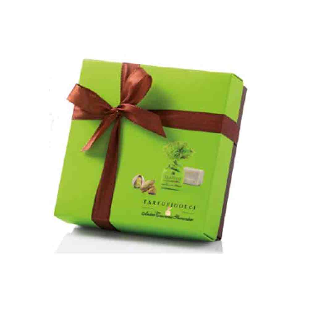 Antica Torroneria Piemontese Pistachio truffles in green box with brown ribbon