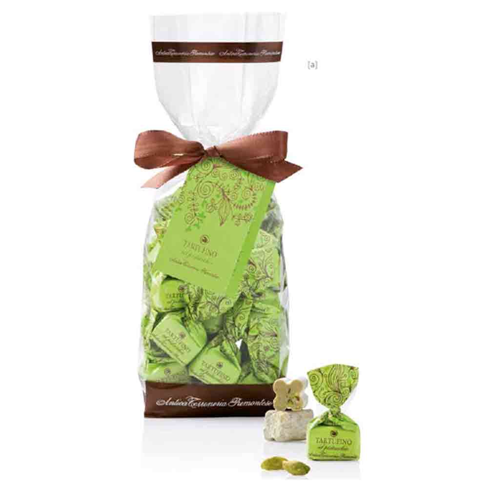 a bag of Antica Torroneria Piemontese pistachio and white chocolate truffles