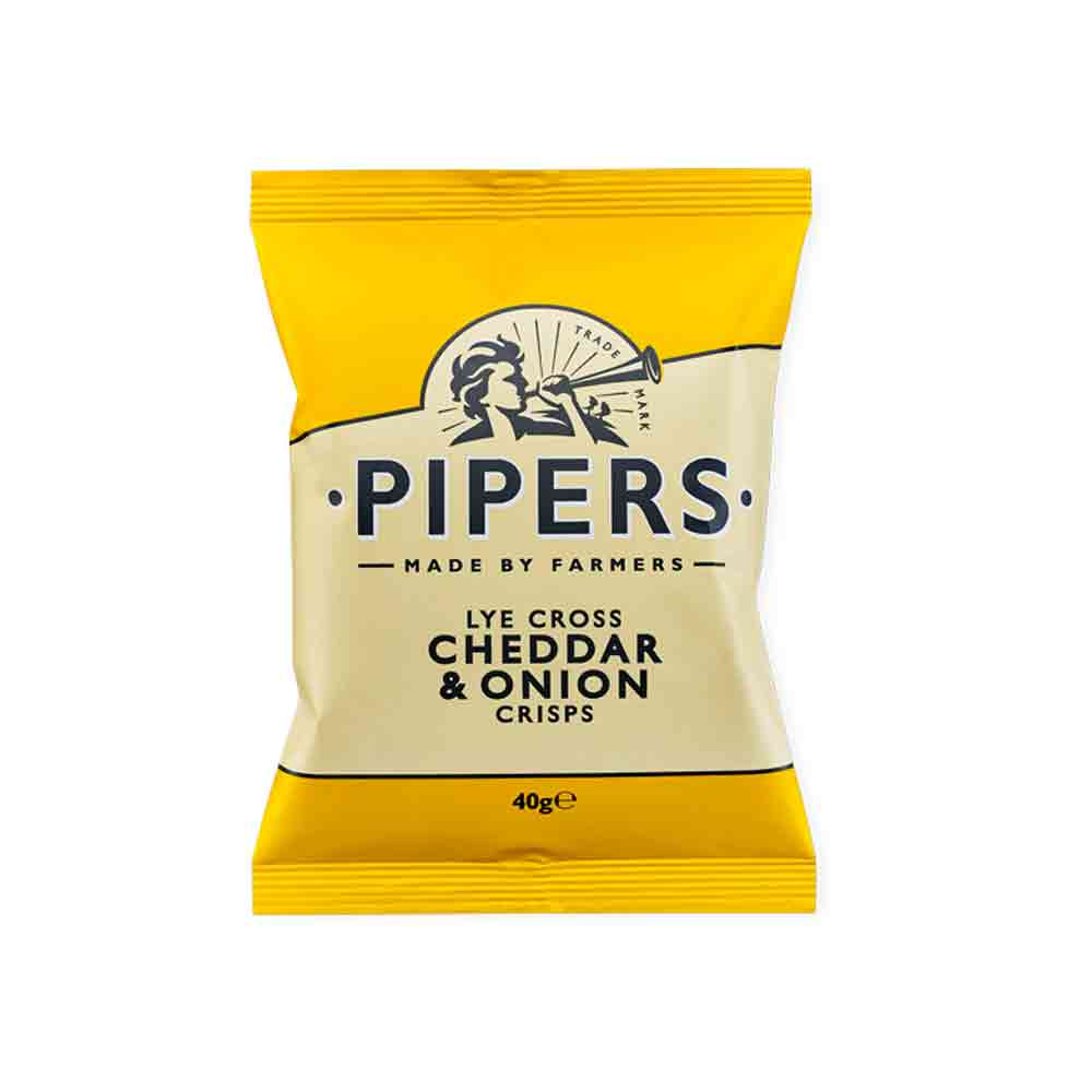 Pipers Crisp Lye Cross Cheddar and Onion Potato Chips 40 grams yellow packet