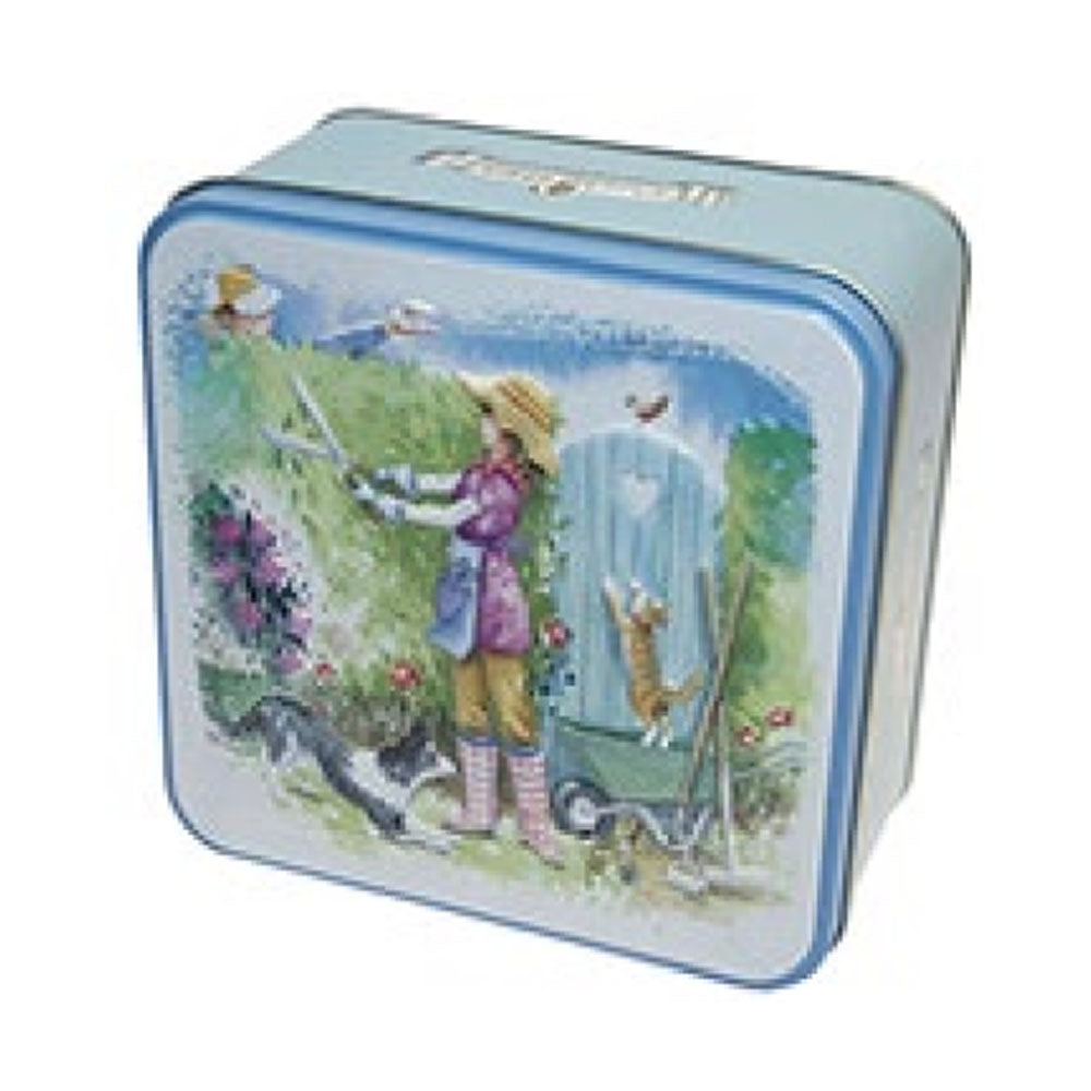 lovely blue embossed tin depicting a gardener and a puppy at the garden gate containing delicious Grandma wild's biscuits