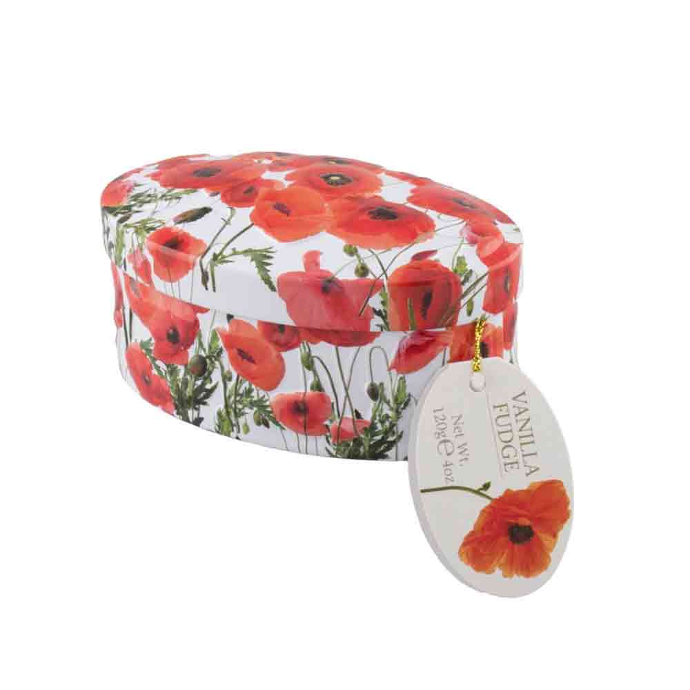 beautiful oval tin with poppy flowers containing luscious Gardiners of Scotland vanilla fudge