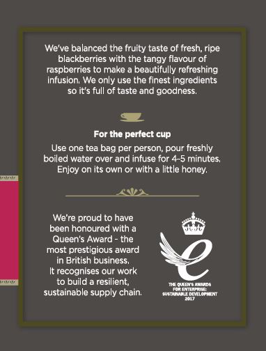 blackberry and raspberry tea bags with Queen's Award seal