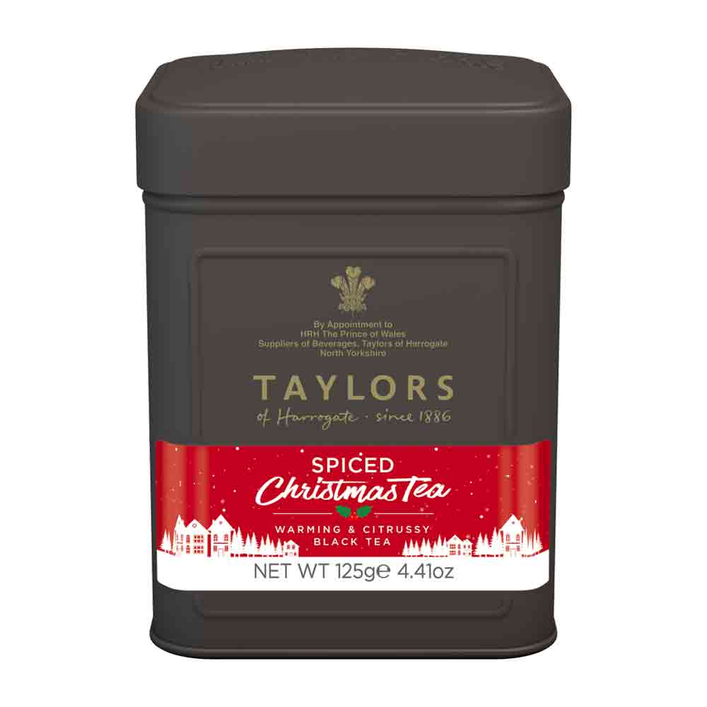 Taylors of Harrogate Spiced Christmas Tea Leaves in a black tin caddy, warming and citrussy black tea, perfect for the holidays!