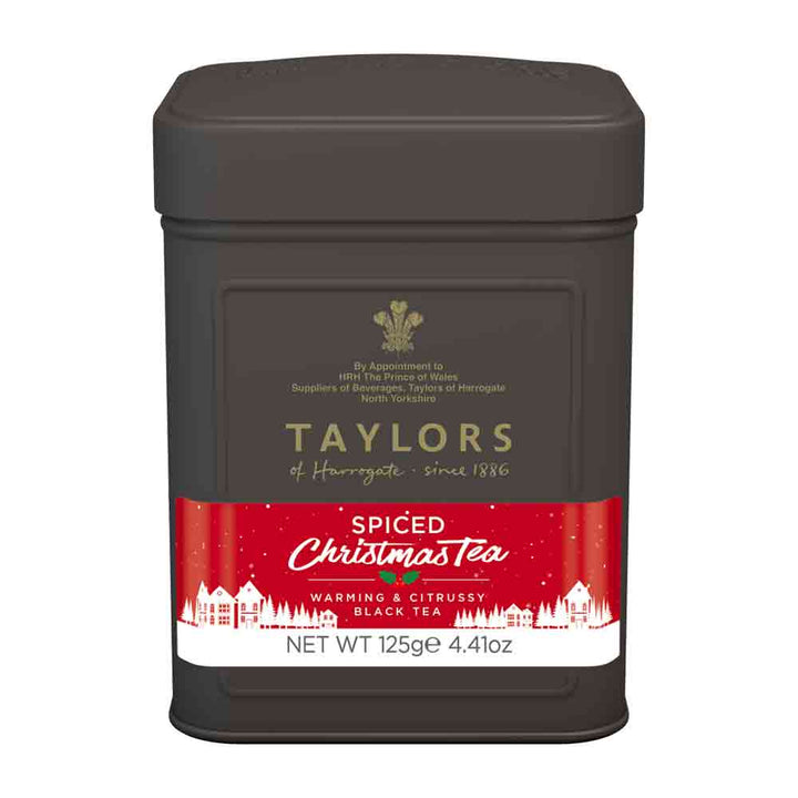 Taylors of Harrogate Spiced Christmas Tea Leaves in a black tin caddy, warming and citrussy black tea, perfect for the holidays!