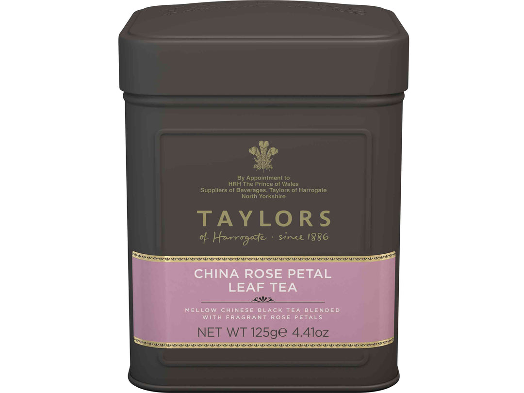 China Rose Petal Loose Leaf Tea from Taylors of Harrogate in metal caddy