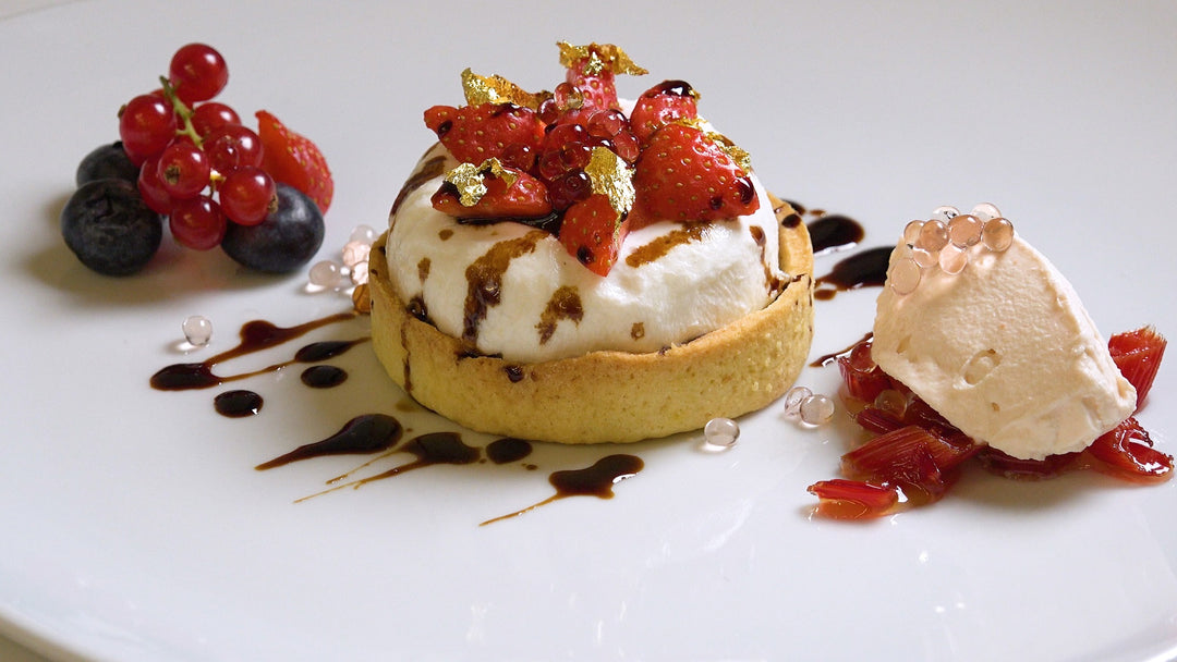 Balsamic Vinegar Yoghurt and Strawberry Bavarian Cream with Raspberry Pearls!