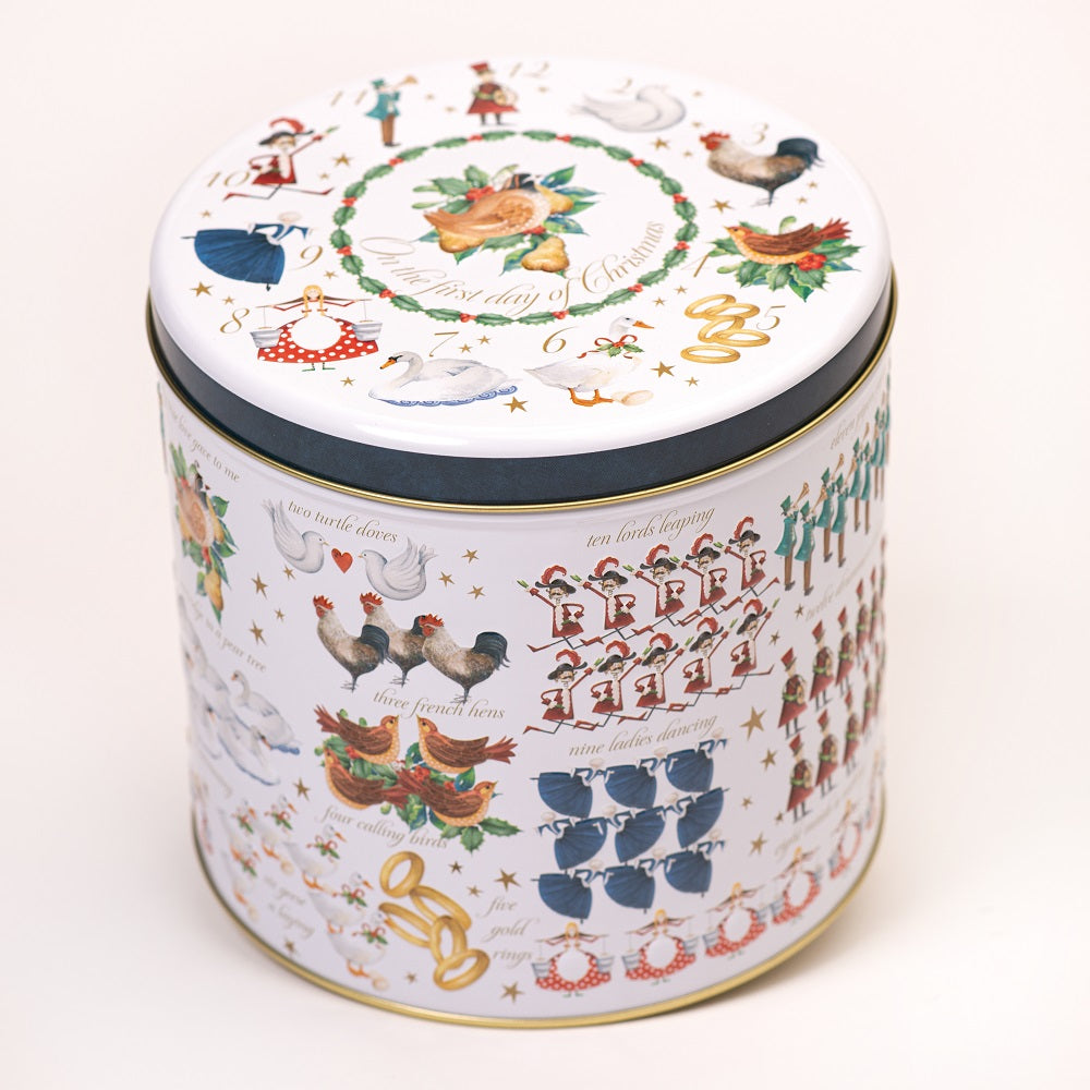 Farmhouse Embossed 12 Days of Christmas Assortment Barrel Tin 450g