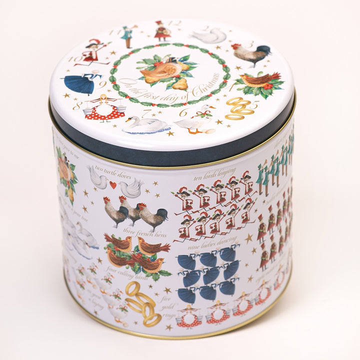 Farmhouse Embossed 12 Days of Christmas Assortment Barrel Tin 450g