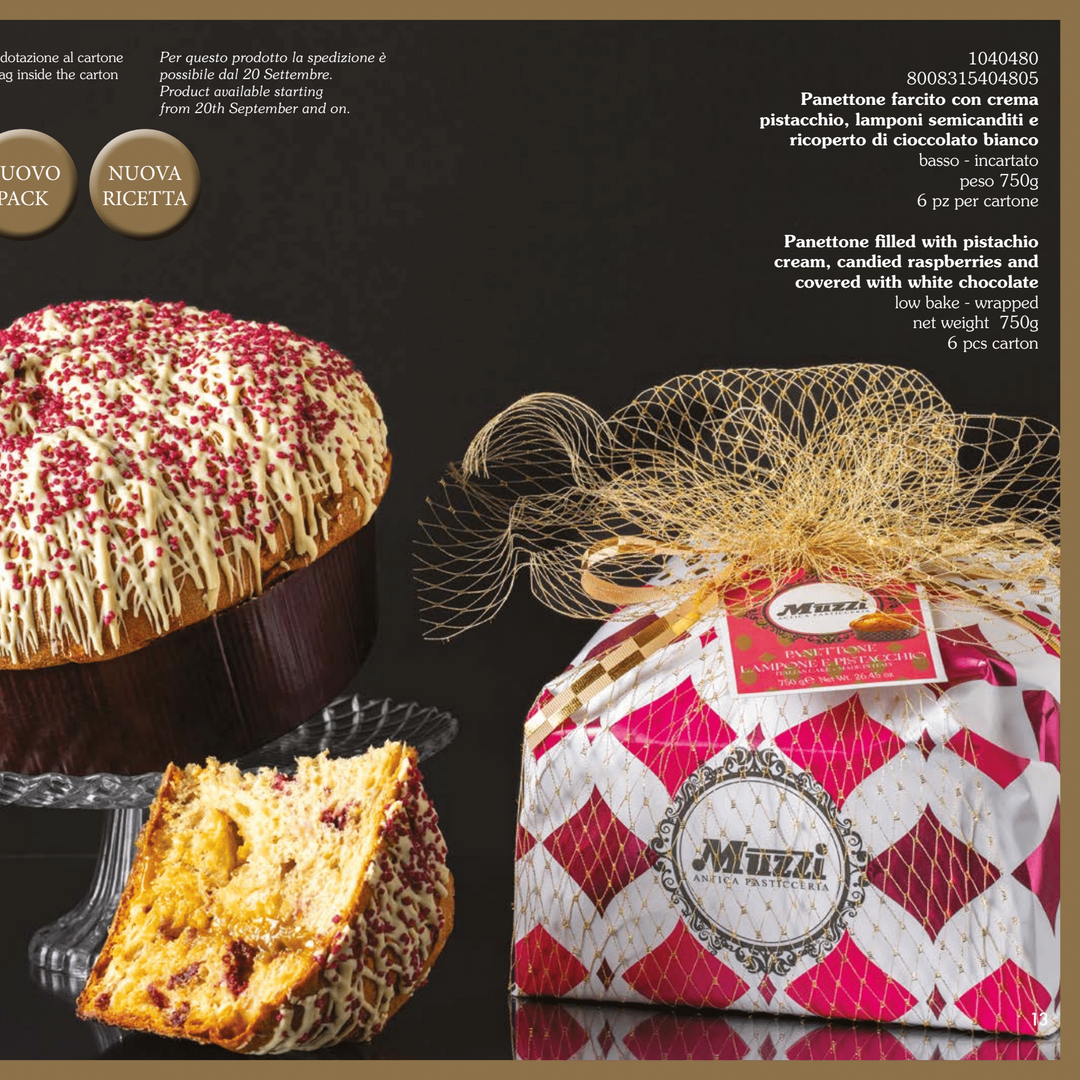 Muzzi Panettone filled with pistachio cream, candied raspberries and covered with white chocolate 750g [1040480]