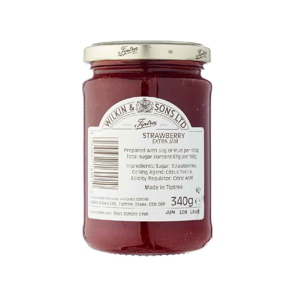 Tiptree Strawberry Extra Jam Ingredients: sugar, strawberries, citrus pectin,citric acid.  prepared with 55 grams of fruit per 100 grams