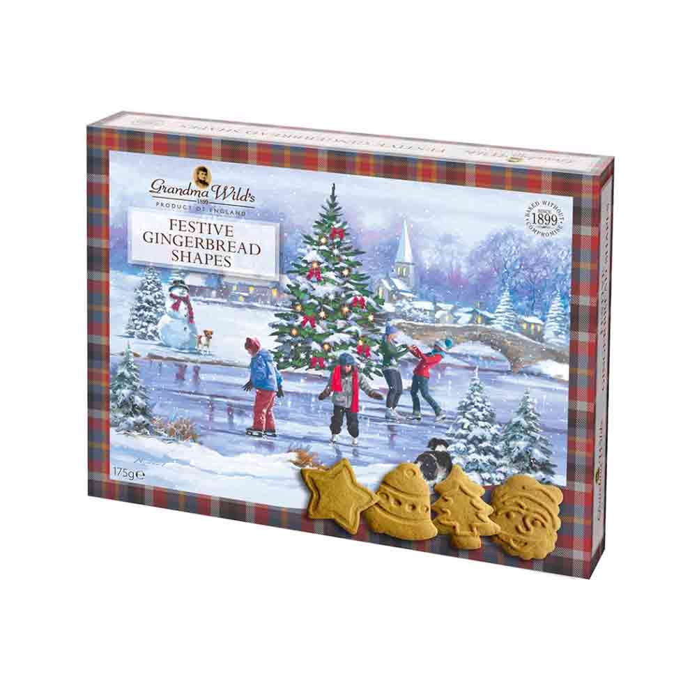 175 grams of Grandma Wild's Festive Gingerbread shapes on a box depicting children ice skating