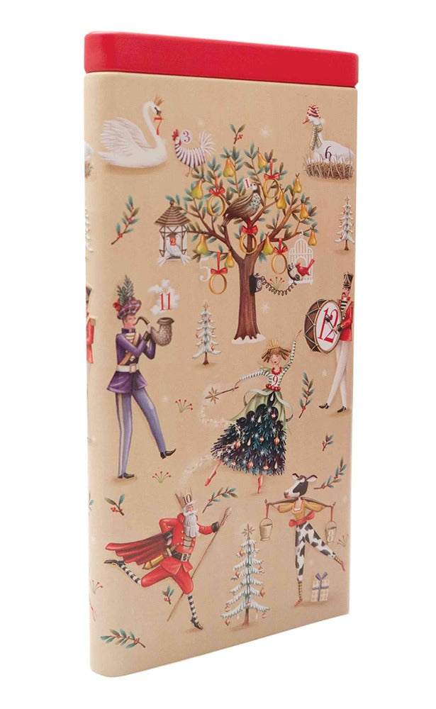 12 days of chrismas tin. with drummers, pipers, lords, ladies dancing, maids milking, swans, geese, gold rings, calling birds, French hens, turtle doves, and a partridge in a pear tree