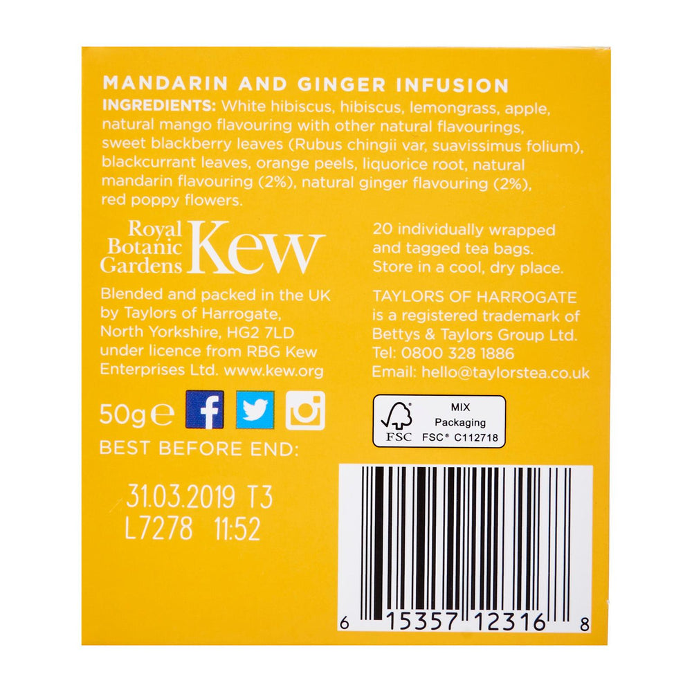 ingredients list of taylors of harrogate mandarin and ginger infusion