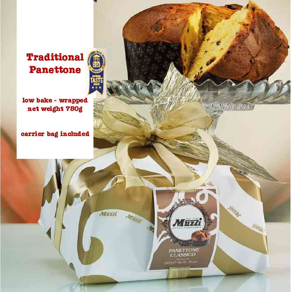 750-gram size of Muzzi's classic panettone wrapped in white and gold elegant paper wrapping and sealed with a gold ribbon