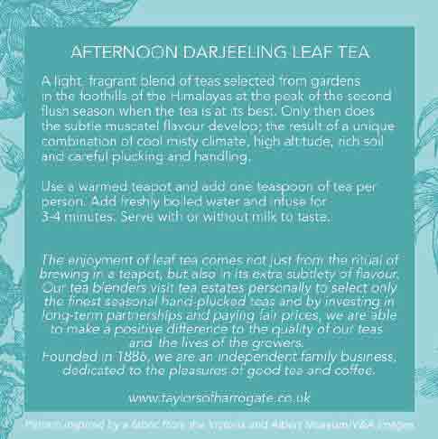 description of Afternoon Darjeeling tea leaves of Taylors of Harrogate