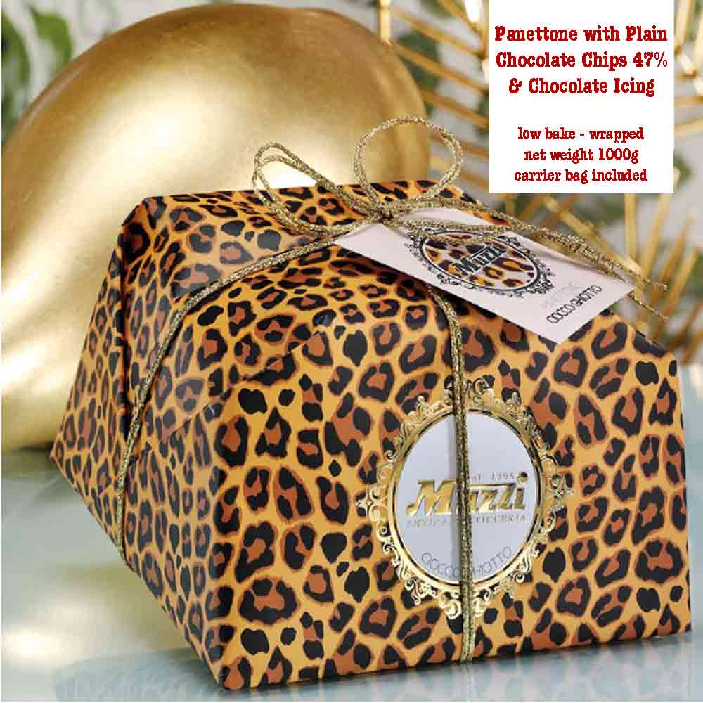 1kg Muzzi panettone with plain chocolate chips and chocolate icing handwrapped in a spotty leopard pattern