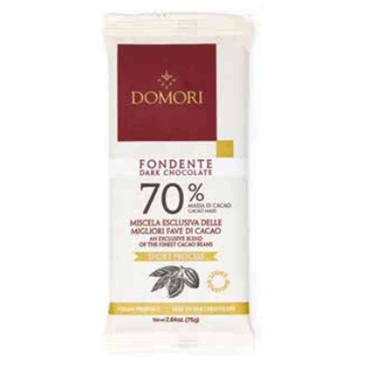 70% extra dark chocolate bar from Domori in a recyclable and earth-friendly flowpack, 75 grams bar