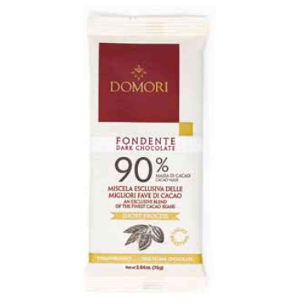 Domori 90% extra dark chocolate bar 75 grams in flowpack packaging. tree to bar chocolate