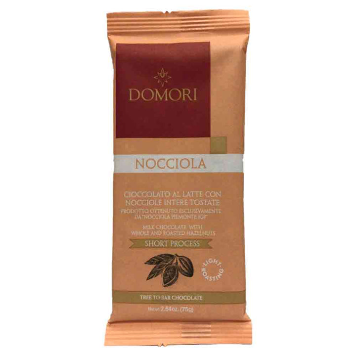Milk Chocolate bar with whole roasted IGP Piedmont hazelnuts | Tree to bar chocolate wrapped in light orange recyclable flowpack