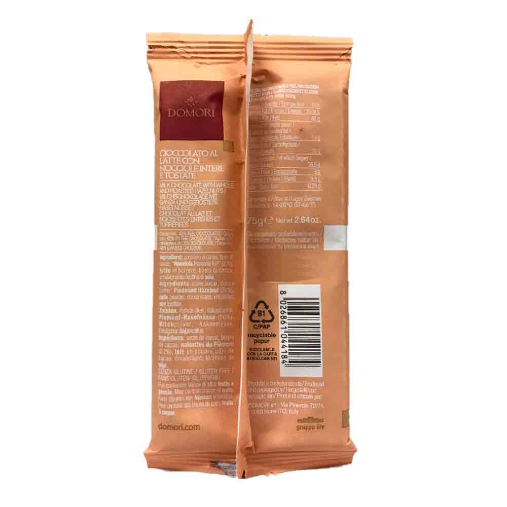 Domori Milk Chocolate with Whole and Roasted Hazelnuts 75g