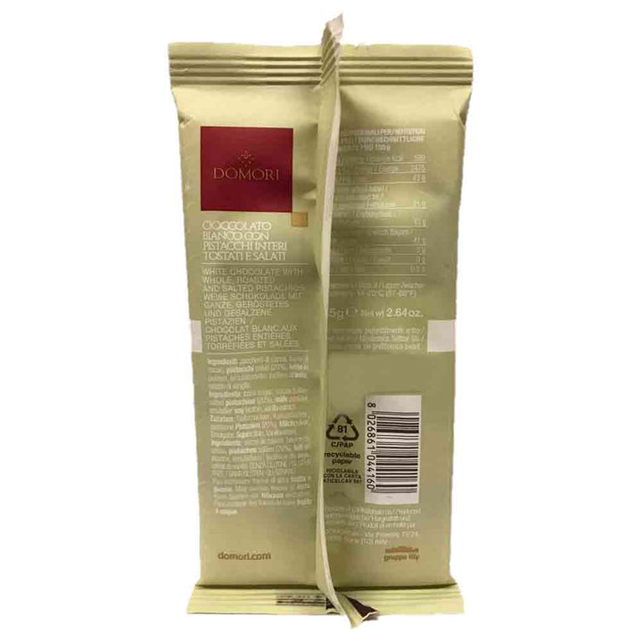 Domori White Chocolate with Whole, Roasted and Salted Pistachios 75g