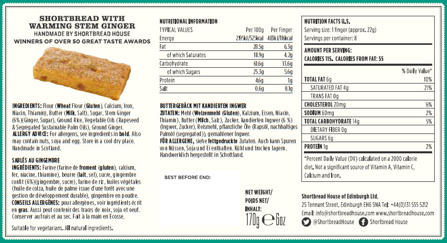 Shortbread House of Edinburgh Shortbread Fingers with Warming Stem Ginger 170g