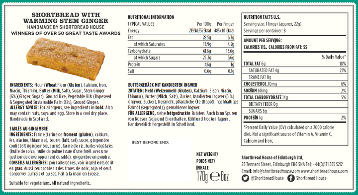 Shortbread House of Edinburgh Shortbread Fingers with Warming Stem Ginger 170g