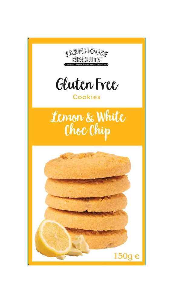 gluten-free lemon and white chocolate chip cookies in 150 grams box from Farmhouse Biscuits