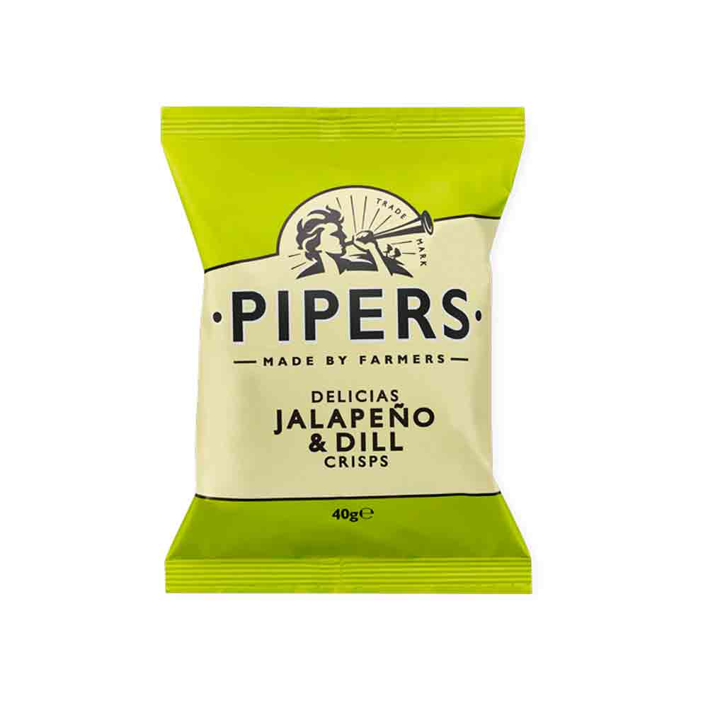 40 grams in light green packet. Pipers crisp Jalapeno and dill flavoured potato chips