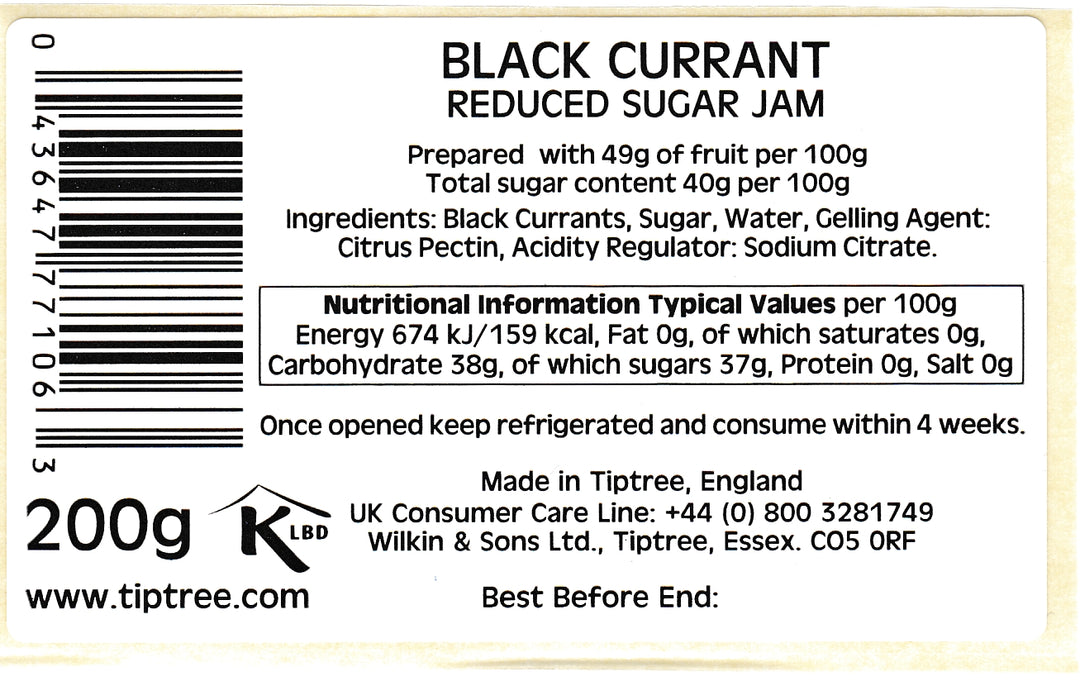 Tiptree Reduced Sugar Blackcurrant Jam 200g