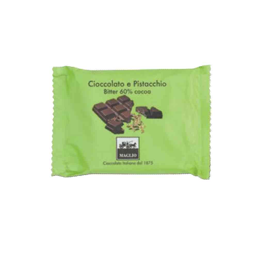 60% dark chocolate with pistachio pieces. 50 grams chocolate bar wrapped in green flowpack