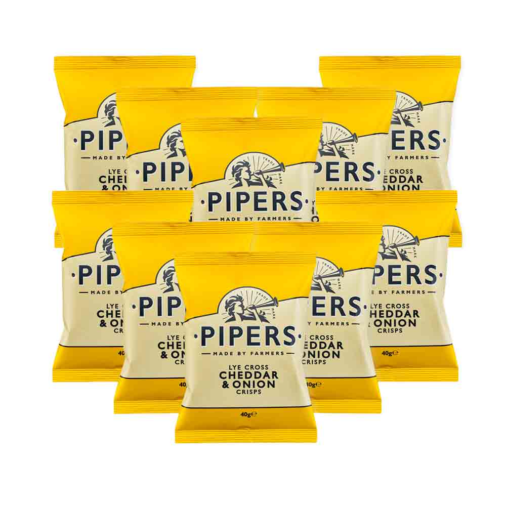10 packets of 40 grams cheddar and onion potato chips from pipers crisp co
