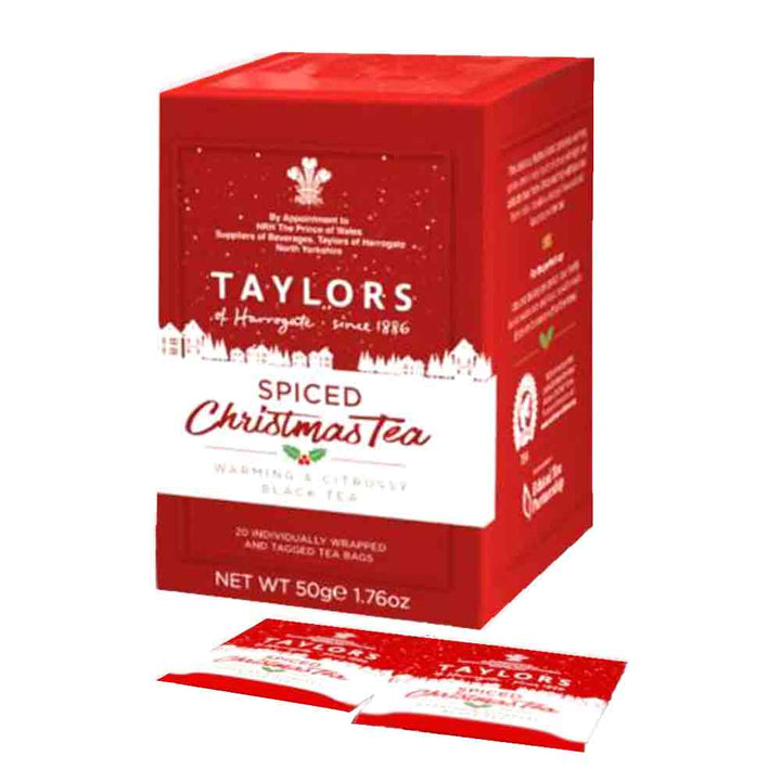 Red box of Taylors of Harrogate Christmas Tea in teabags format.
