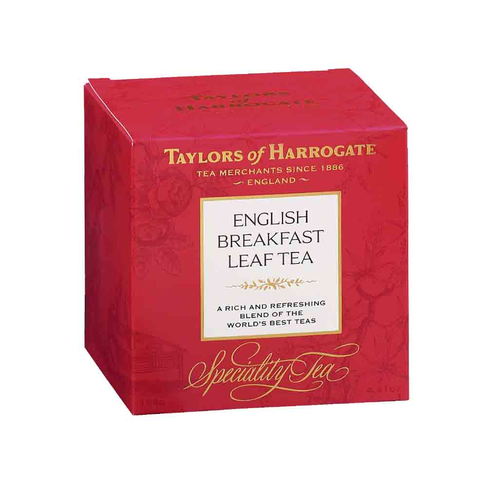 English breakfast tea leaves in red box from Taylors of Harrogate