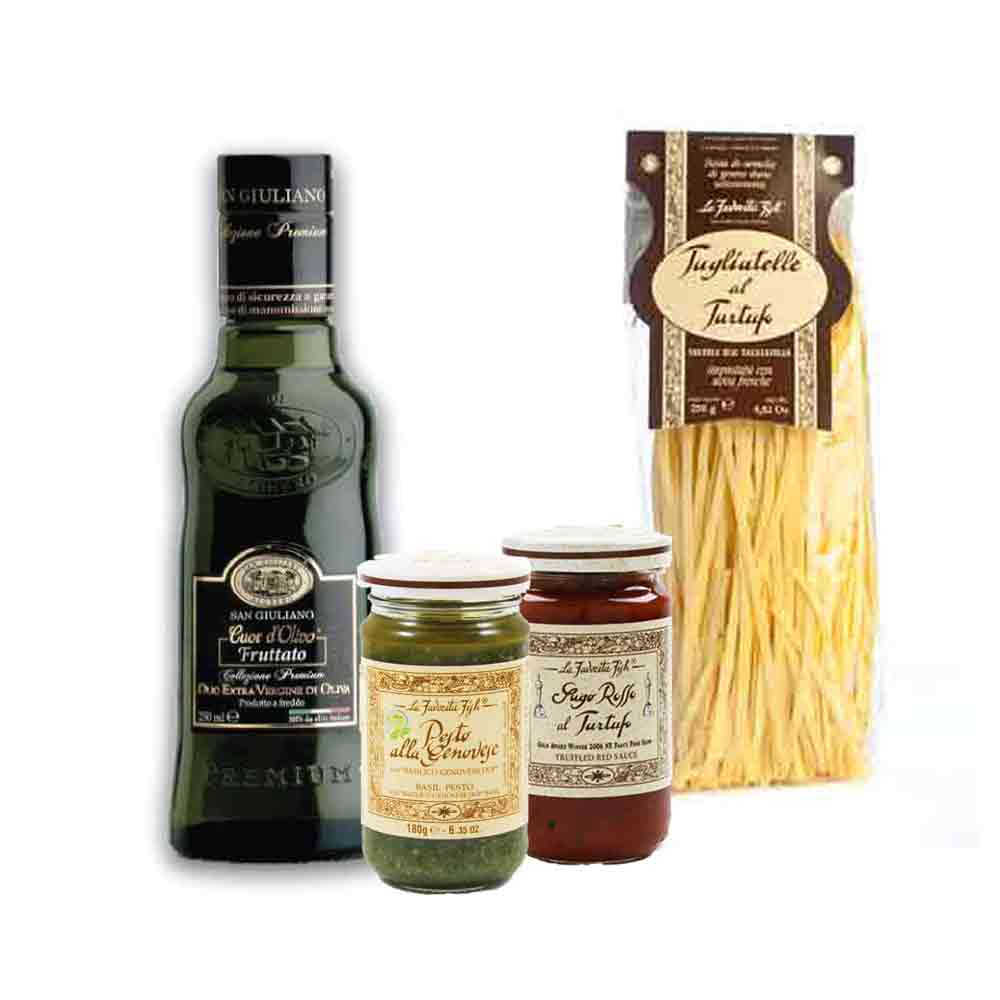 Truffle Pasta Set. Bottle of Basil Pesto Sauce;  Bottle of Red Truffle Tomato Sauce; Extra Virgin Olive Oil