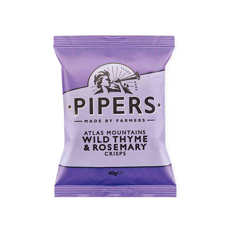 40 grams potato chips in purple packer. Pipers Crisp Wild Thyme and Rosemary Crisps