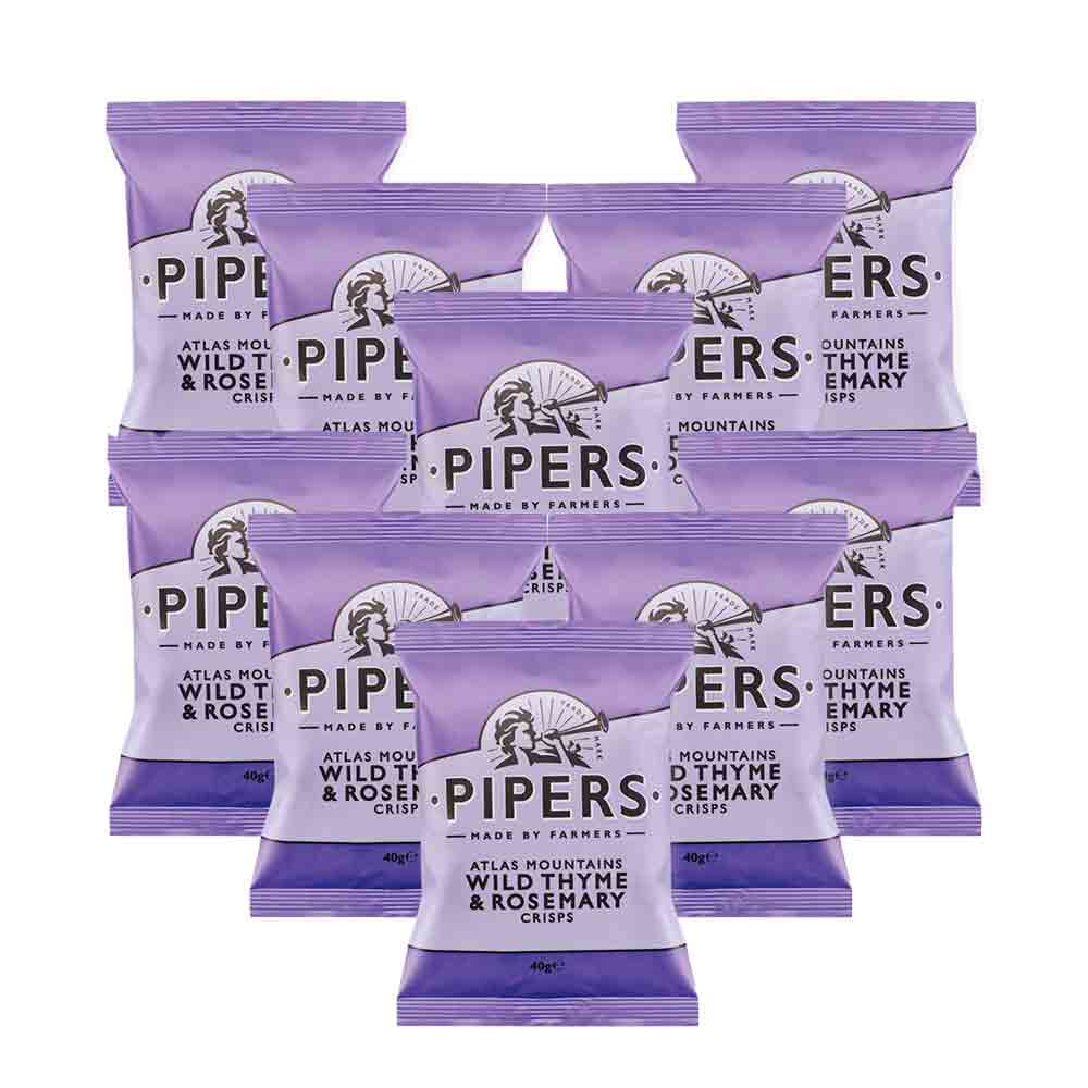 10 packets of 40 grams in purple packets. Pipers Crisp Co Atlas Mountains Wild Thyme and Rosemary Potato Chips