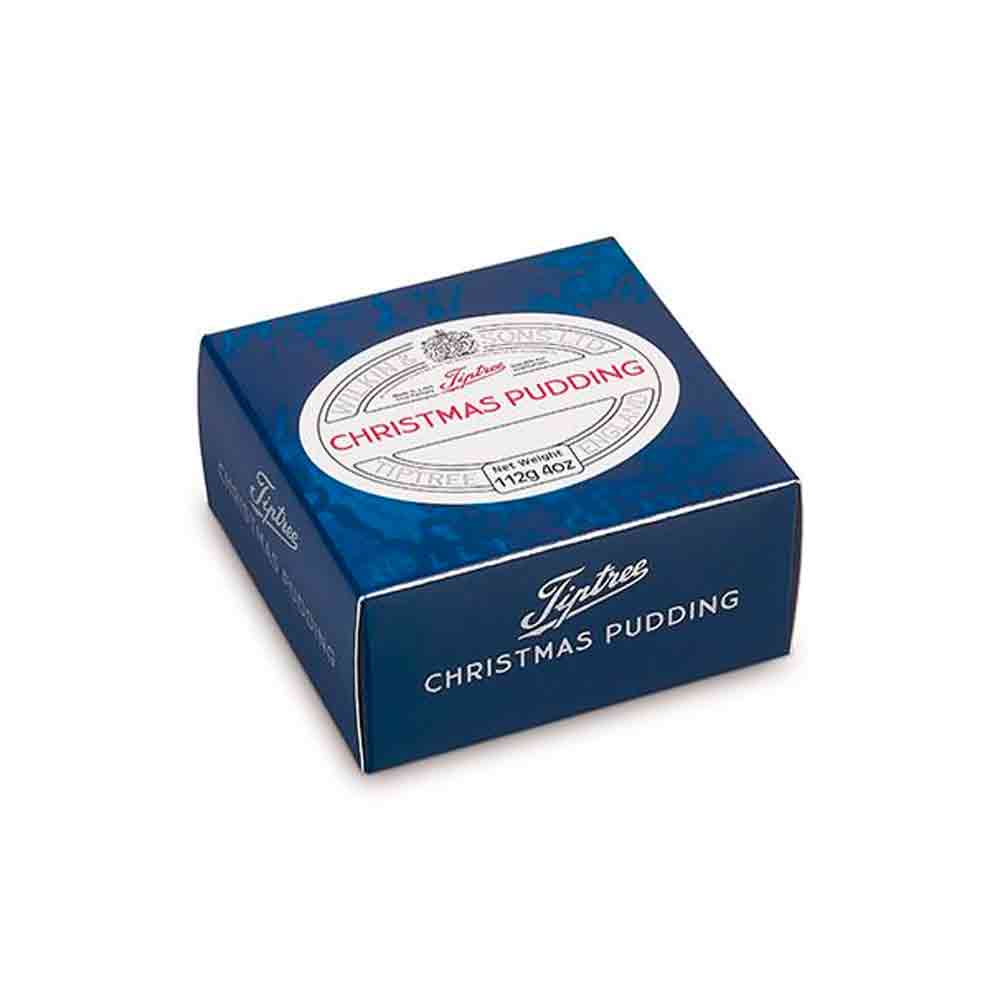 Tiptree Christmas pudding 112 gram package for single serve, packaged in a blue box with silver and red letters