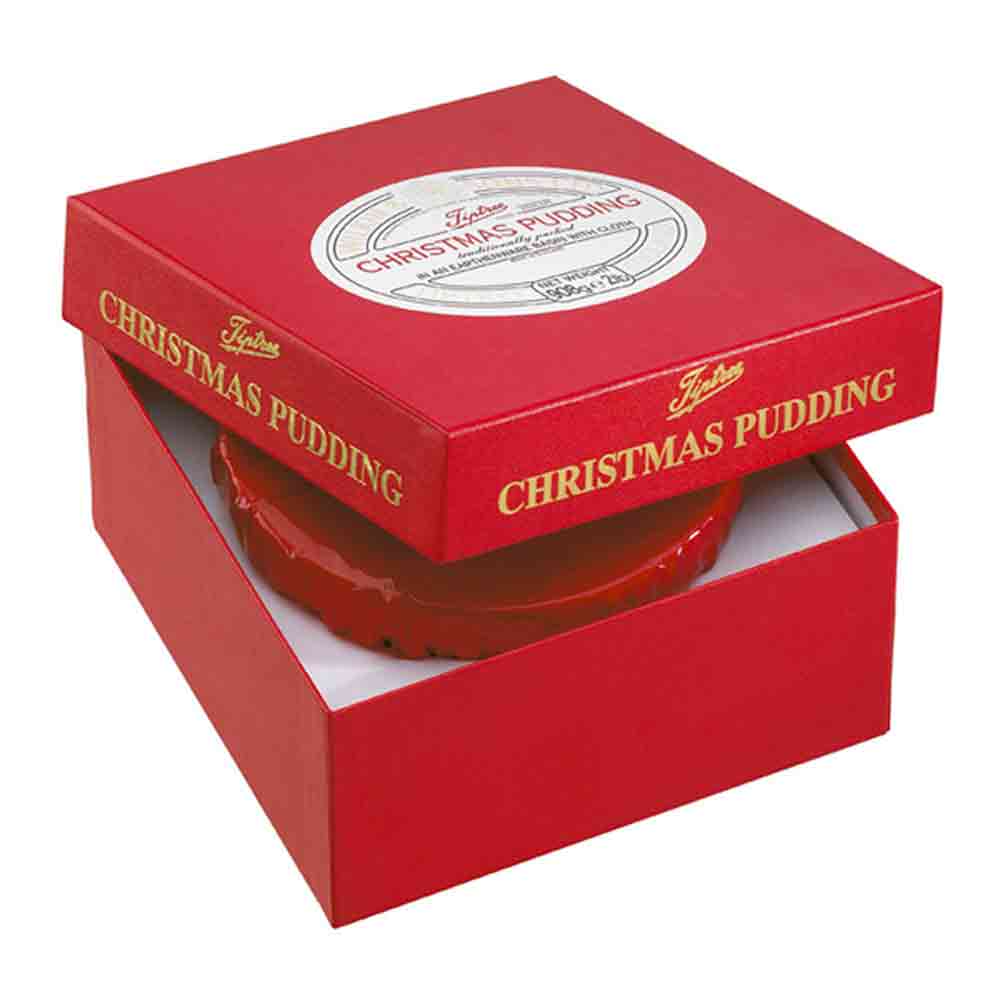 Tiptree Christmas Pudding in an earthenware basin wrapped in a red box with hotstamping