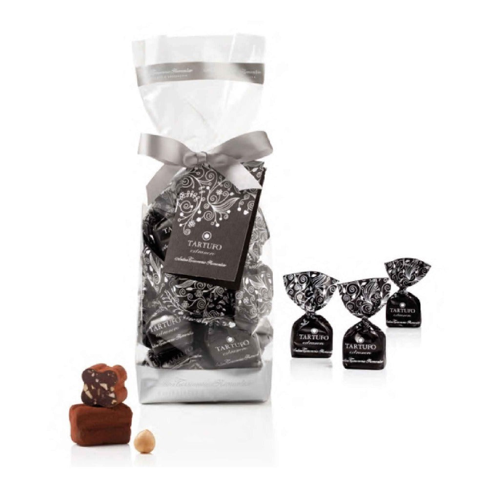 200 grams pack of Antica Torroneria Piemontese extra dark chocolate truffles in transparent packaging with ribbon and tag