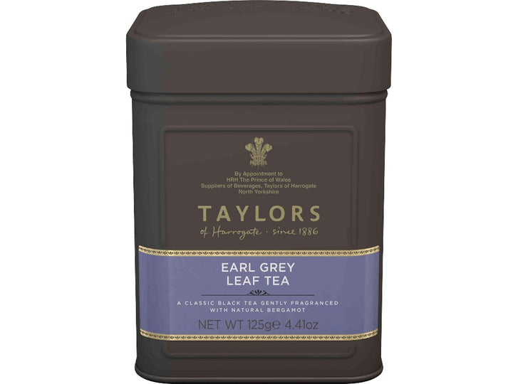Earl Grey tea leaves in tin caddy